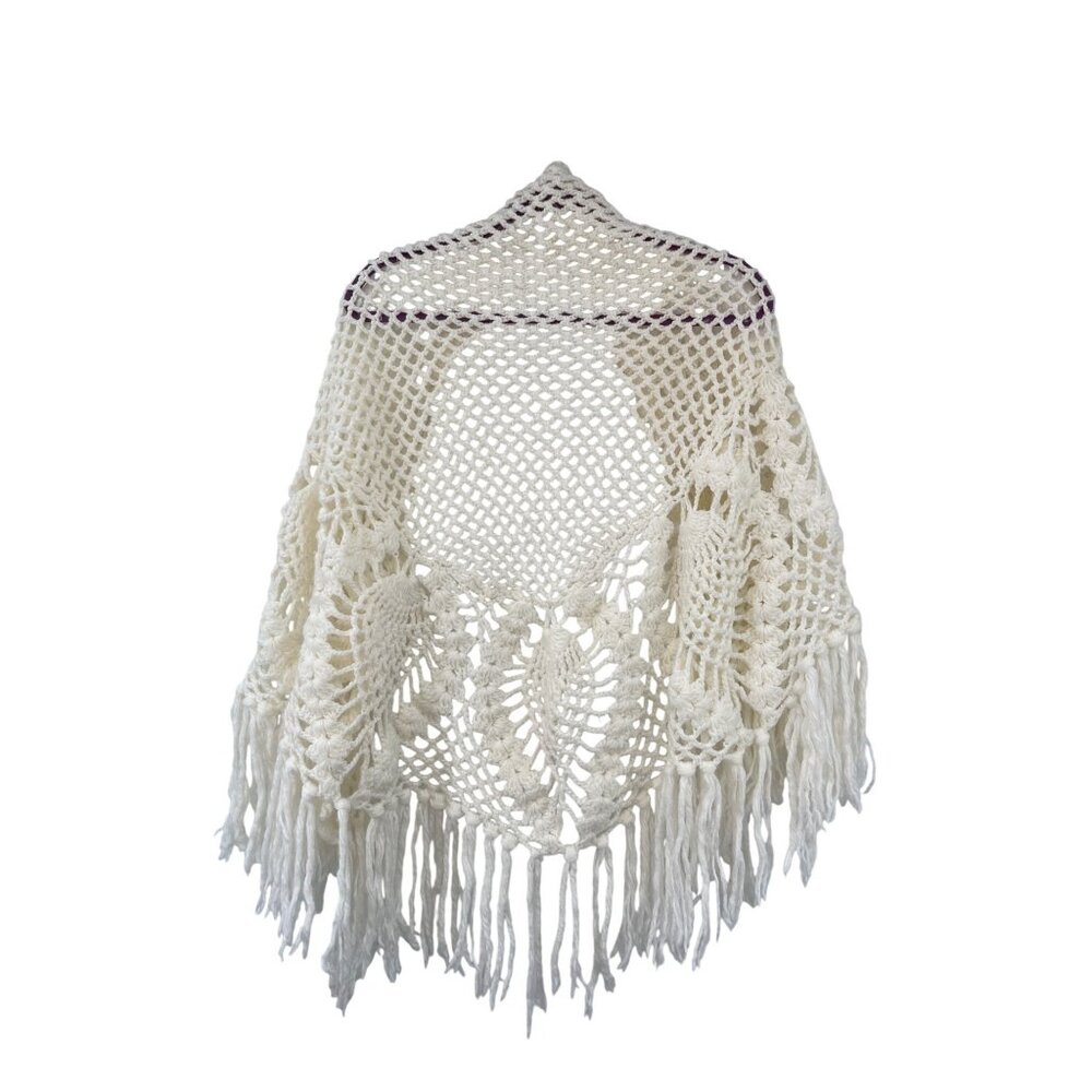 Vintage Pineapple Crochet Shawl Fringe Wrap Ivory Boho Festival One Size - Picture 2 of 16